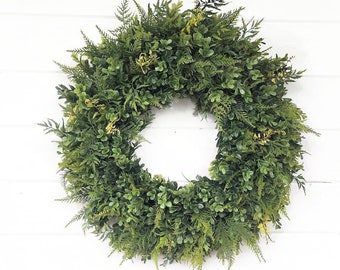 Modern Farmhouse Wreath-Faux Boxwood + Fern Wreath-Outdoor Wreaths-Year-Round Door Wreath-Front Door Decor-Boho Thanksgiving Wreath Decor