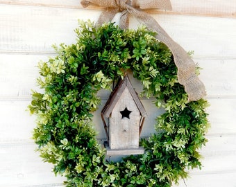 Cottage Birdhouse Artificial Boxwood Greenery Wreath for Front Door-BIRDHOUSE Decor-SPRING BOXWOOD-Year-Round Wreath-Home Decor Gift for Mom