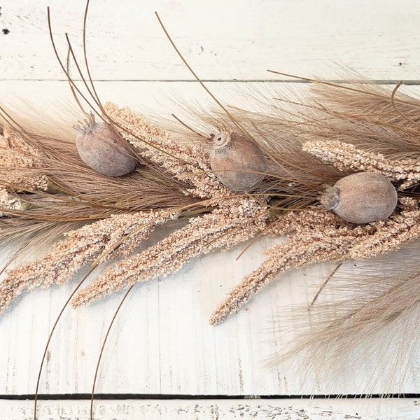 Artificial PAMPAS Grass and BARLEY Garland Decor-Housewarming GIFT-Modern Farmhouse Décor Garland for Mantel,Table,Shelf Decor-Fall Home