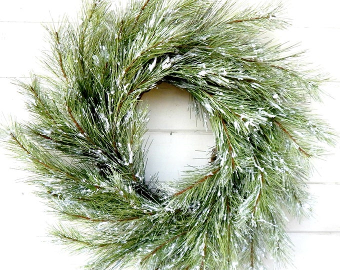 Featured listing image: Winter Wreath-Modern Farmhouse Wreath-SNOWY PINE Wreath-Winter Door Wreath-Holiday Decor-Winter Porch-Gift for Mom-Gift for MIL