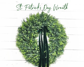 St Patricks Day Wreath for Front Door,Mantle Decor-FROSTED EUCALYPTUS Greenery,Year Round,Everyday Wreath-Velvet Tassel Bow,Wreath for Gift