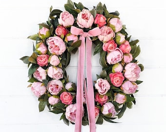 Mother's Day Wreath-PEONIES & ROSES-Scented Wreaths-Pink Floral Wreath-Easter Door Wreath-Front Door Decor-Cottage Wreath-Wedding Decor