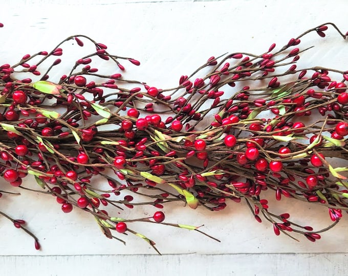 Featured listing image: Red Berry Garland-Holiday Garland-Christmas Mantel-Holiday Table Runner-Rustic Farmhouse Decor-Christmas Decor-Party Decor