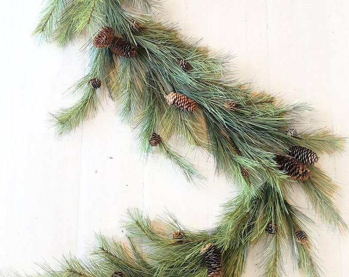 Featured listing image: Christmas Greenery-NORTHERN PINE-Modern Holiday Decor-Rustic Christmas Garland-Outdoor Porch Garland-Winter Mantle-Christmas Stair Garland