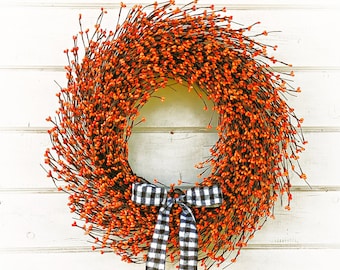 Fall Farmhouse Wreath-Thanksgiving Wreath-Fall Home Decor-Buffalo Check-Orange Berry Wreath-Door Wreath-Fall Decor-Thanksgiving Decor