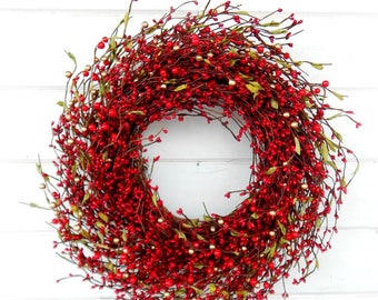 Holiday Door Wreath-COUNTRY CHRISTMAS-Red + Gold Berry Wreath-Modern Farmhouse Christmas Wreath-Holiday Home Decor-Large Above Mantle Decor