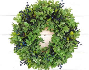 Front Door Wreath-Modern Farmhouse-Greenery Wreath-Cottagecore Décor-Fall Wreath-Holiday Wreath-LEMON LEAF- HUCKLEBERRIES-Traditional Décor