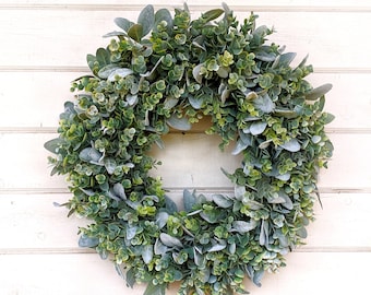 Modern Farmhouse Wreath-Lambs Ear & Frosted Eucalyptus-Front Door Wreath-Summer Wreath-Boho Decor-Greenery Wreath-Wedding Decor-Weddings