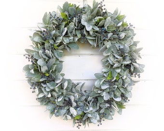 Front Door Spring LAMBS EAR + HUCKLEBERRY Everyday Wreath-Cottagecore Home-Farmhouse Wreath-Summer Wreath-Home Decor Gifts//WildRidge Design