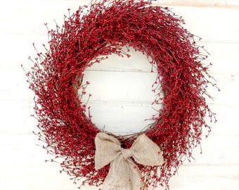 Red Wreath-Large Red Berry Wreath-Holiday Home Decor-Valentines Day Wreath-Winter Wreath-Entryway Wreath-Traditional Christmas Home Decor
