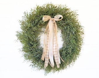 Wreath for Spring Home Decor-Boho Tassel Bow Greenery Wreath-Everyday Wreath Front Door Decor-Neutral Modern Farmhouse/Cottage Home Decor