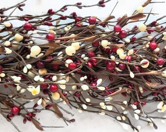 Summer Home Decor-RED & CREAM Berry Garland-4th of July Decor-Patriotic Table Decor-Summer Table Runner-4th of July Garland-Summer Mantle
