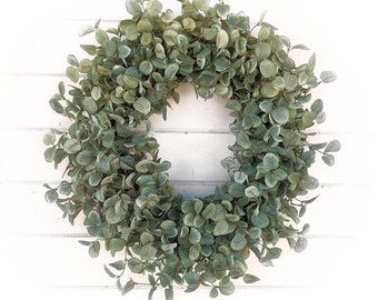 Everyday Spring,GREEN Front Door Wreath-Modern Farmhouse Home Decor-Eucalyptus PENNY LEAF Wreath for Mantle-Kitchen Decor, Pantry Wreath