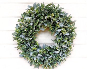 Modern Farmhouse LAMBS EAR Wreath-Wreaths-Outdoor Wreath-Eucalyptus Wreath-Front Door Wreath-Cottage Wreath-Greenery Wreath-Wedding Decor