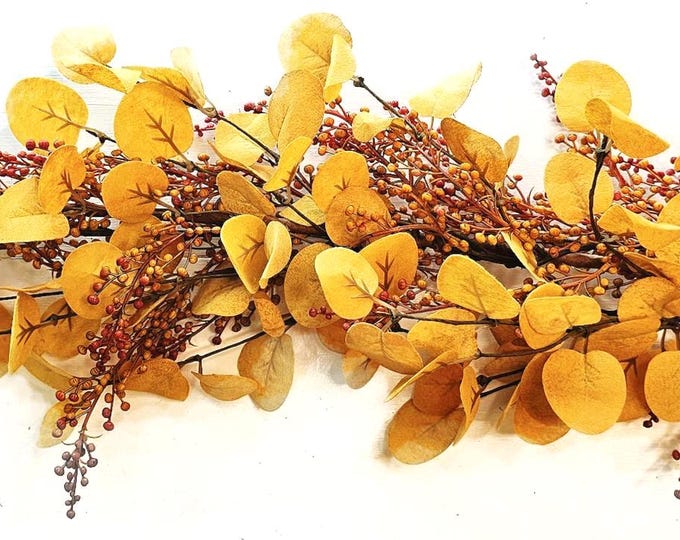 Featured listing image: NEW FALL Garland-Golden Mustard Penny Leaf Garland w/ Fall Berries-Fall Mantle-Rustic Table Decor-Fall Wedding Decor-CUSTOM Made Garland