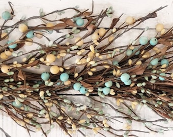 Light Teal, Cream Spring Garland-Summer Garland-Cottage Home Decor-Tablescape-Easter Decor-Pastel Berry Garland-Table Decor-Wedding Decor