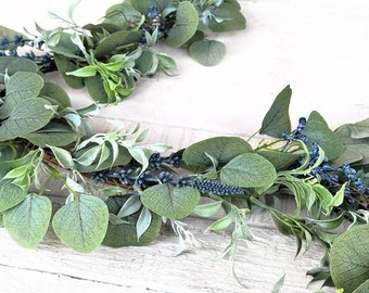 Vintage Home Decor-Artificial Eucalyptus Garland with Blue-2024 Wedding Decor Greenery Garland-Tablescape Decor-DIY Wedding-Mantle Decor