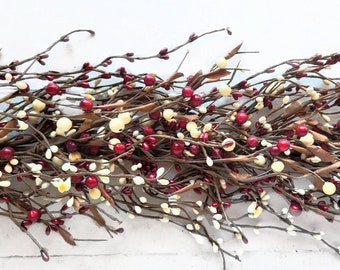 Rustic RED and CREAM Berry Garland Decor for 4th of July, Summer Home-Table Runner-Patriotic Home Decor-Garland for Mantel-Year Round Decor