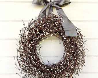 Cottagecore,Dark Gray and Cream Wreath for Front Door,Home Decor-Spring Farmhouse Decor-Wreath for Housewarming,New Home Owners Gift