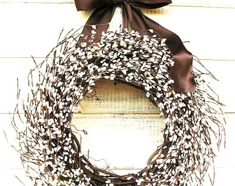 FRONT DOOR WREATH-Wreath Wall, Door, Window Decor-Rustic White Berry Wreath-Summer Wreaths-Year-Round Wreath Gifts for Home-WildRidge Design