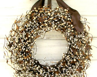 Rustic Farmhouse Wreath-Cream Berry Wreath-Fall Wreath-Rustic Star Wreath-Summer Wreath-Earthtone Home Decor-Housewarming Gifts-Door Decor