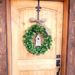 Cottage Birdhouse Artificial Boxwood Greenery Wreath for Front Door-BIRDHOUSE Decor-SPRING BOXWOOD-Year-Round Wreath-Home Decor Gift for Mom image 5