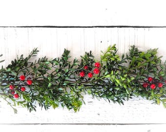 New England Boxwood Garland-BOXWOOD and RED Berry Garland-Holiday-Greenery Garland-Fireplace Mantle Decor-Outdoor Greenery-Holiday Table