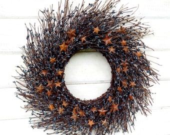 Summer Wreath, 4th of July Home Decor-Americana,Patriotic Front Door Wreath-NAVY BLUE Berry, Rustic Star-Military Wife Gift-USA Home Decor