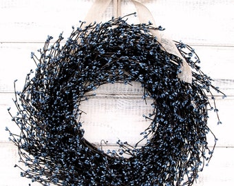 Cottage Holiday Home Decor-NAVY BLUE BERRY Wreath-Modern Farmhouse-Wreath For Mantel-Christmas Wreaths-Pantry Door Wreath-Country Home Decor
