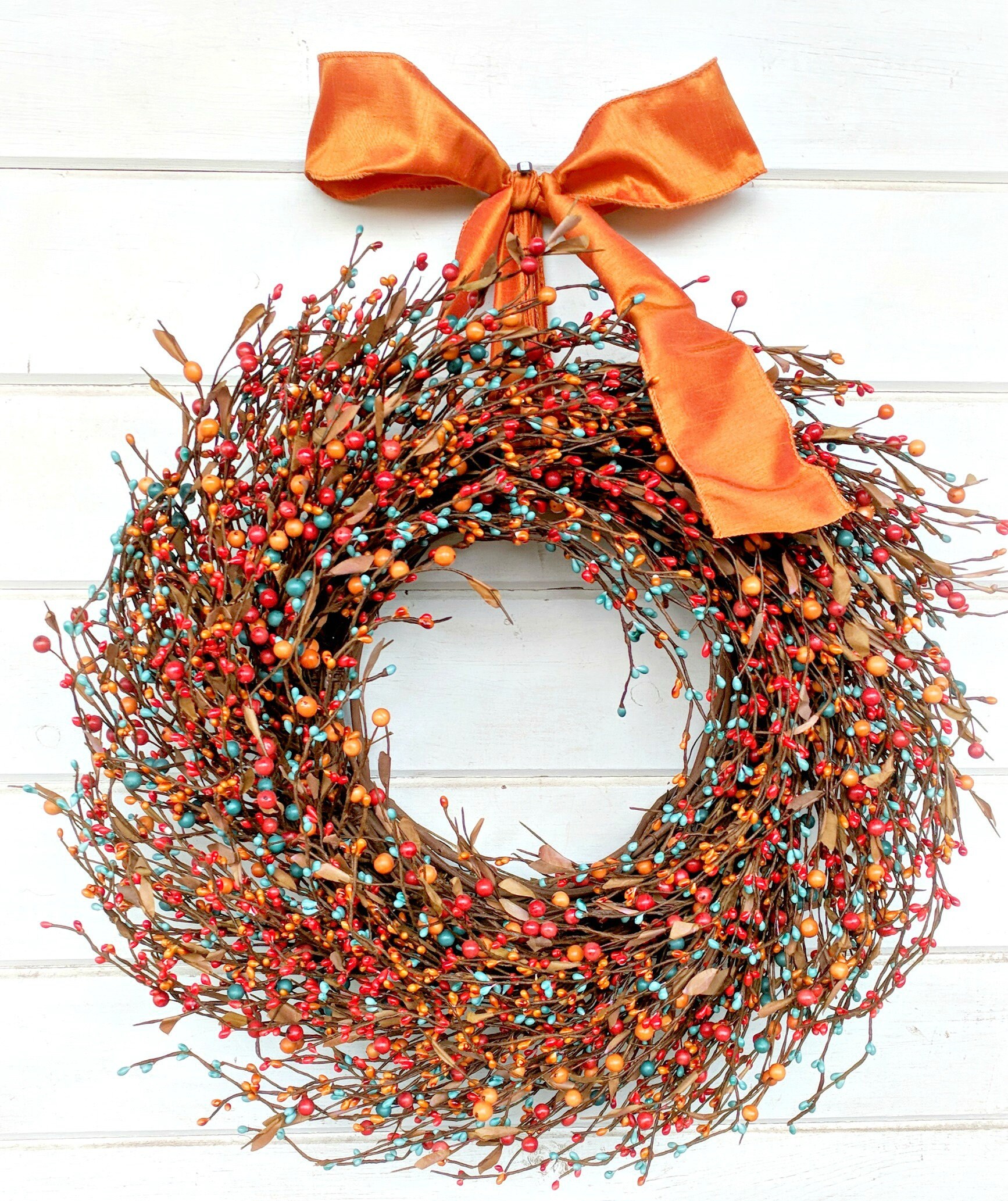 Fall Wreath Fall Decor Door Wreaths Rustic Farmhouse Decor Orange Teal Wreath Front Door Decor Rustic Home Decor Thanksgiving Wreath Gifts