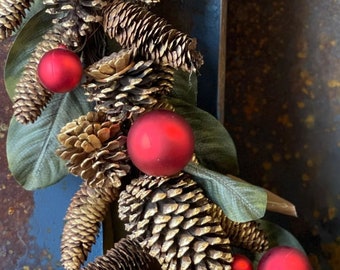 CLEARANCE-Holiday Garland-Christmas Mantle Decor-Winter Garland with Ornaments-Pinecone Garland-Magnolia Greenery-Christmas Home Decor-Gifts