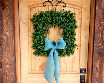 Rustic Farmhouse Decor-Boxwood Wreath-SQUARE Wreath-Outdoor Wreath-BOXWOOD Wreath-Summer Wreath-Year Round Wreath-Housewarming Wreath-Gifts