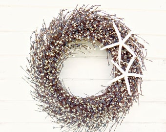 Large COASTAL Wreath-STAR FISH Wreath-Nautical Decor-Blue & White  Wreath-Seashore Wreath-Gift for mom-Coastal Home Decor-Star Fish Decor