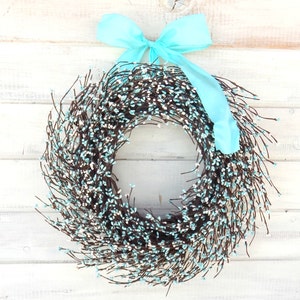 Spring Year Round Wreath Home Décor-Teal and Cream White Berry Wreath-Modern Farmhouse Wreath-Front Door Décor-Vintage Farmhouse Wall Décor image 1