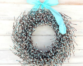 Spring Year Round Wreath Home Décor-Teal and Cream White Berry Wreath-Modern Farmhouse Wreath-Front Door Décor-Vintage Farmhouse Wall Décor