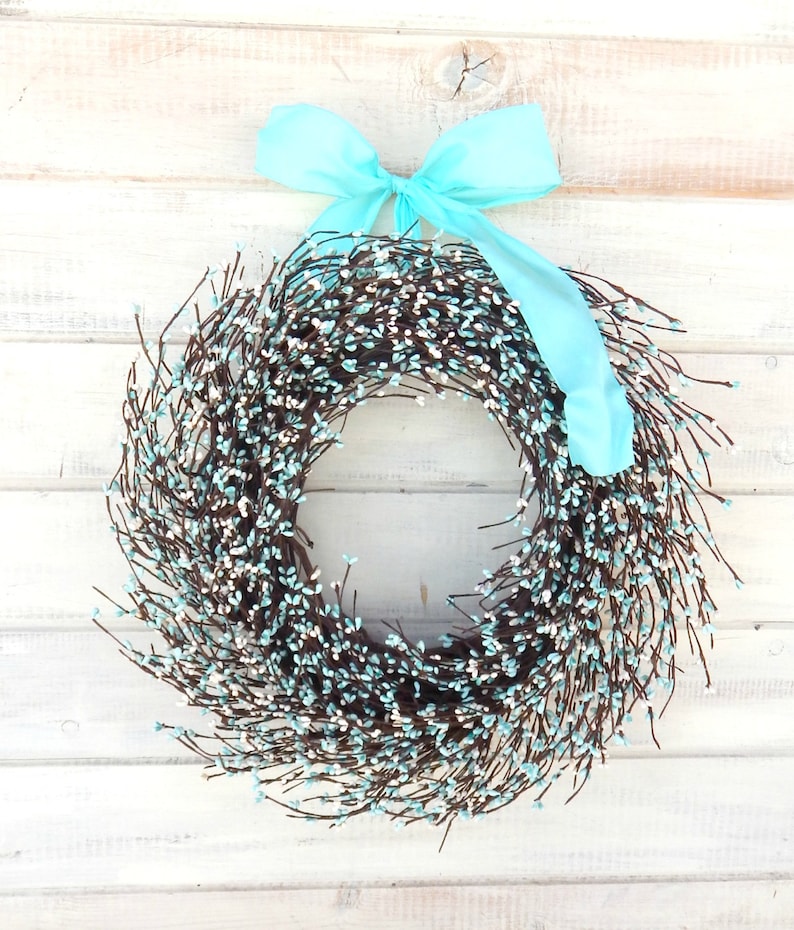 Spring Year Round Wreath Home Décor-Teal and Cream White Berry Wreath-Modern Farmhouse Wreath-Front Door Décor-Vintage Farmhouse Wall Décor image 1