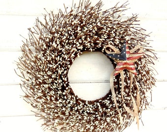 Summer Wreath-4th of July, Patriotic Front Door Decor-Rustic 4th of July Wreaths-Military Wife Gift-White Berry, Primitive USA Star-Gifts