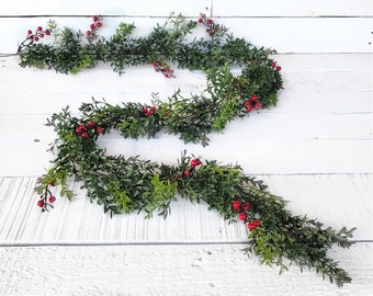 Holiday Dark Green Boxwood Garland Decor-Christmas Faux Boxwood Greenery-Farmhouse Christmas Garland-Fireplace Mantle-Christmas Tablescape