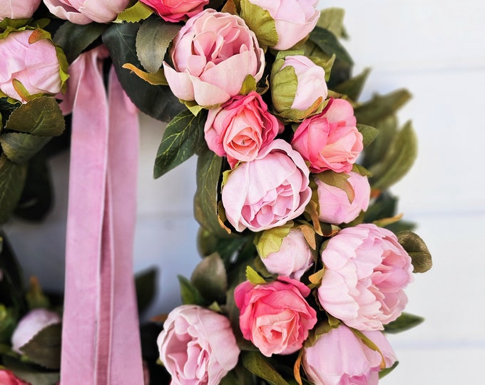 Featured listing image: Mother's Day Wreath-PEONIES & ROSES-Scented Wreaths-Pink Floral Wreath-Easter Door Wreath-Front Door Decor-Cottage Wreath-Wedding Decor