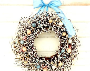 Easter Wreath,Spring Front Door Wreaths,Modern Cottage/Farmhouse Easter Home Decor-Easter Eggs Decoration-Neutral Easter Mantle Decor, Gift