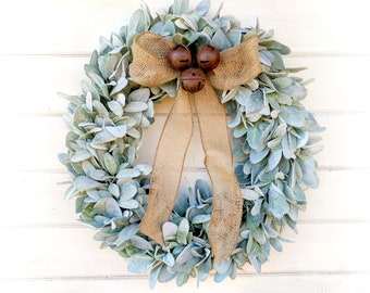 Cottage Christmas Lambs Ear Wreath-Holiday Wreaths-Holiday Front Door Wreath-Christmas Bells Decor-Modern Farmhouse Christmas-Mantel Wreath