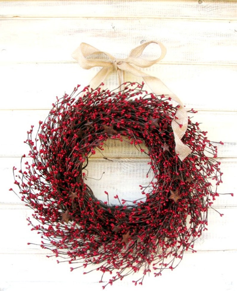 Summer Red Wreath-4th of July, Patriotic Front Door Wreath Decor-Everyday Country Home Decor-RED Mantle Wreath-Rustic STAR Decor-Custom Gift image 2