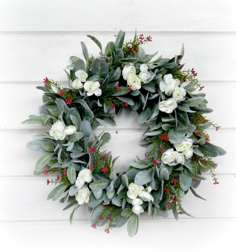Farmhouse Wreath-Lambs Ear Wreath-Ranunculus Wreath-Fixer Upper Decor-Farmhouse Decor-Housewarming Gift-Greenery Wreath-Wreaths-Home Decor