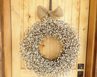 Cream Berry Wreath-Large Wreath for Front Door Decor-Winter Wreath-Unique Gifts-Modern Home Decor-Year-Round Wreaths-Mantel/Fireplace Decor