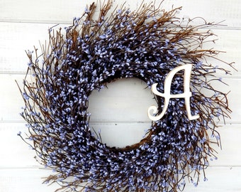 Monogram Wreath-Personalized Gift-COUNTRY CHIC PURPLE Twig Wreath-Summer Door Wreath-Rustic Twig Wreath-Initial Wreath-Scented Wreath