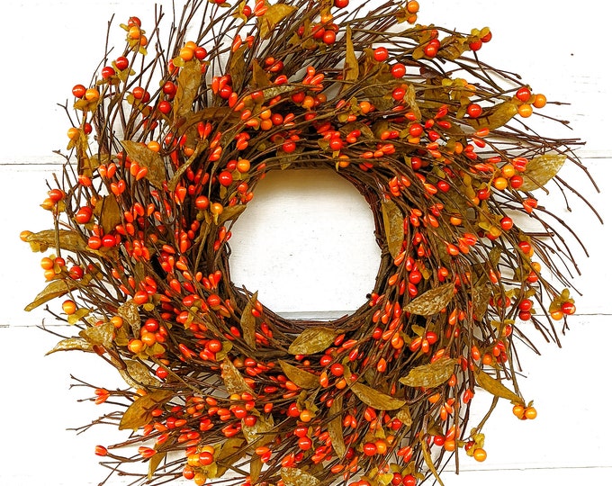 Featured listing image: Fall Wreath-Farmhouse Wreath-Orange Wreath-Fall Twig Wreath-ORANGE Bittersweet Wreath-Wreaths-Fall Home Decor-Rustic Decor-Housewarming Gift