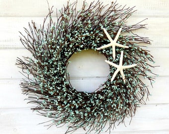 Coastal Wreath-STAR FISH Wreath-Teal Blue Wreath-Twig Door Wreath-Gift for Mom-Coastal Home Decor-Beach Decor-Coastal Cowgirl Decorations