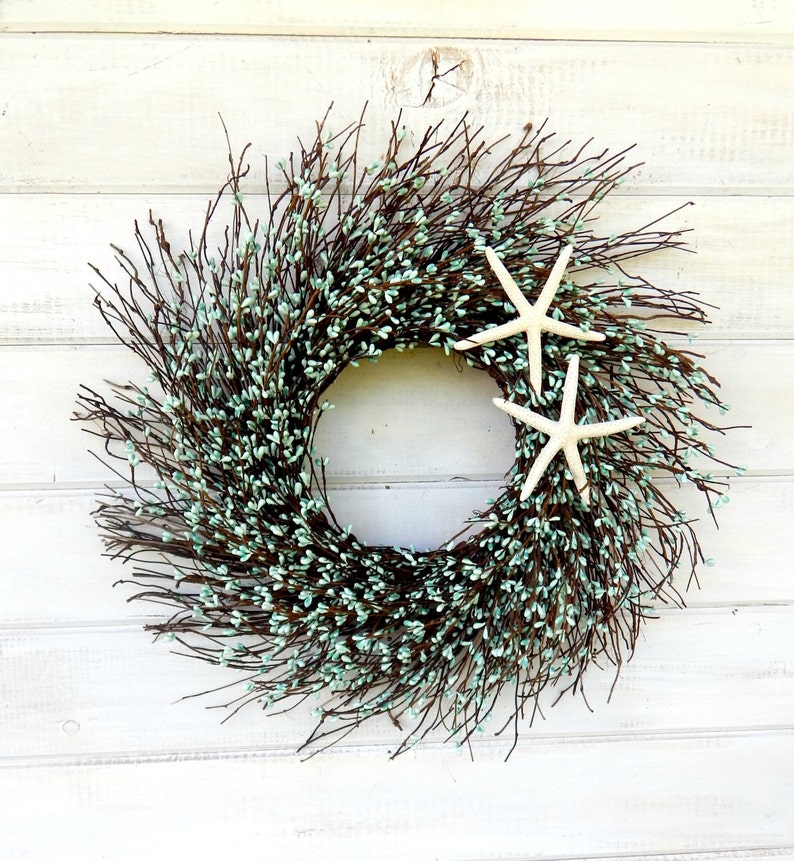 Coastal Twig Star Fish Wreath Teal Blue Wreath Seaside Door Etsy