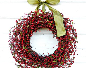 Winter Wreath-Rustic Red Berry Wreath-Christmas Home Decor-Winter Wall Decor-Front Door Wreath-Modern Farmhouse Wreath-Holiday Mantel Decor