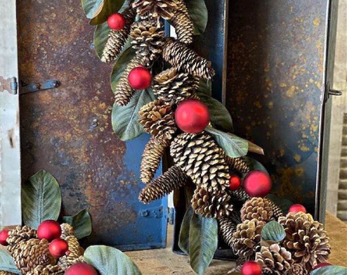 Featured listing image: CLEARANCE-Holiday Garland-Christmas Mantle Decor-Winter Garland with Ornaments-Pinecone Garland-Magnolia Greenery-Christmas Home Decor-Gifts